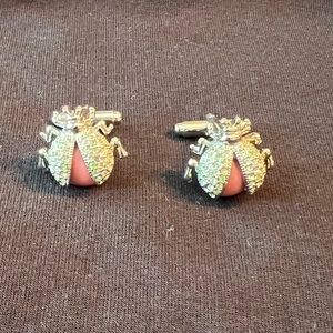 J. Crew Ladybug Silver, Crystal, and Pink Cufflinks